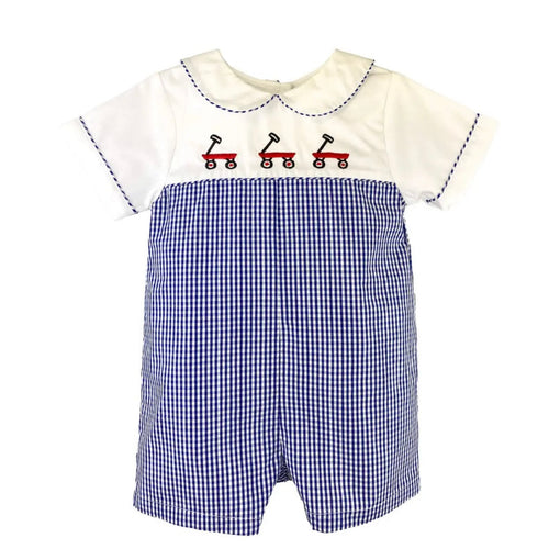 Petit Ami Boys Blue and White Check Romper with Embroidered Red Wagons