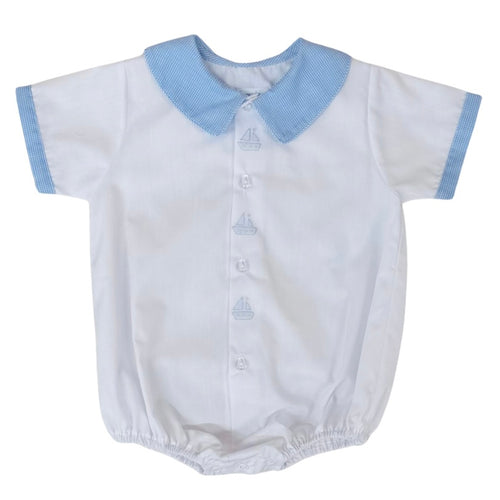 Auraluz Boys White Bubble with Sailboat Shadow Stitching and Blue Gingham Collar