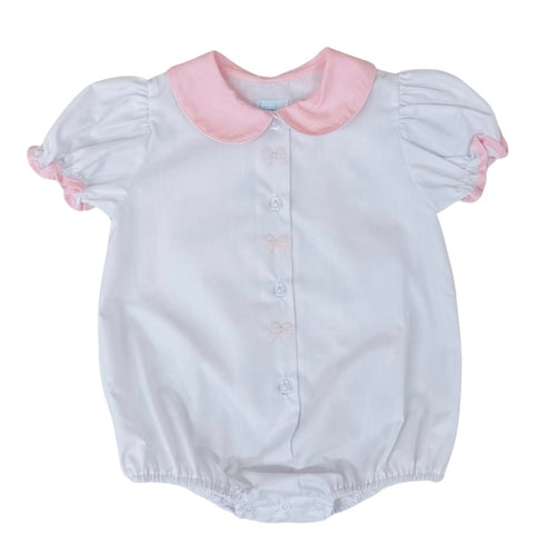 Auraluz Girls White Bubble with Bow Shadow Stitching and Pink Gingham Peter Pan Collar