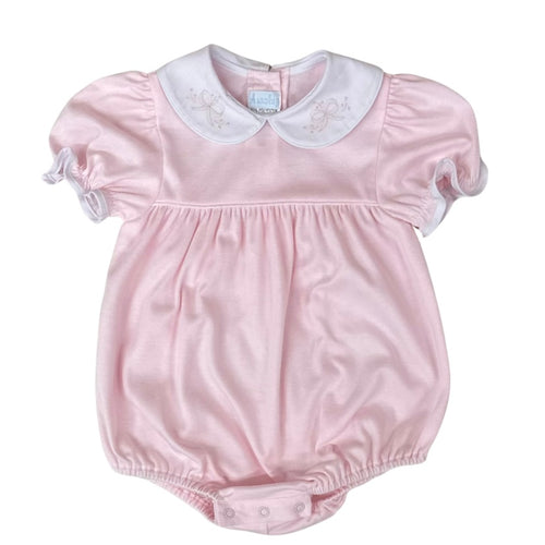Auraluz Girls Pink Bubble with Bow Shadow Stitching on White Peter Pan Collar