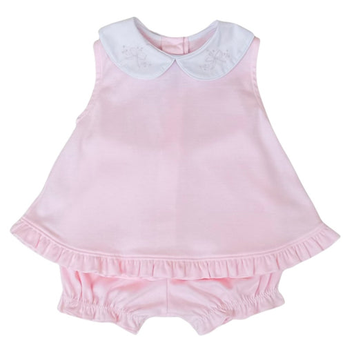 Auraluz GIrls Pink Bloomer Set with Bow Shadow Stitching on White Peter Pan Collar