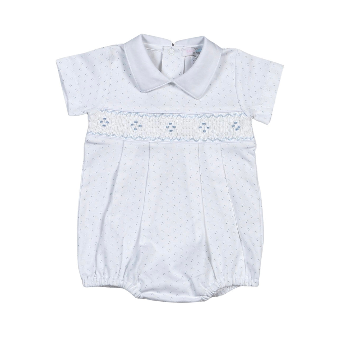 Baby Loren Tim Blue Dots Hand Smocked Pima Short Sleeve Bubble