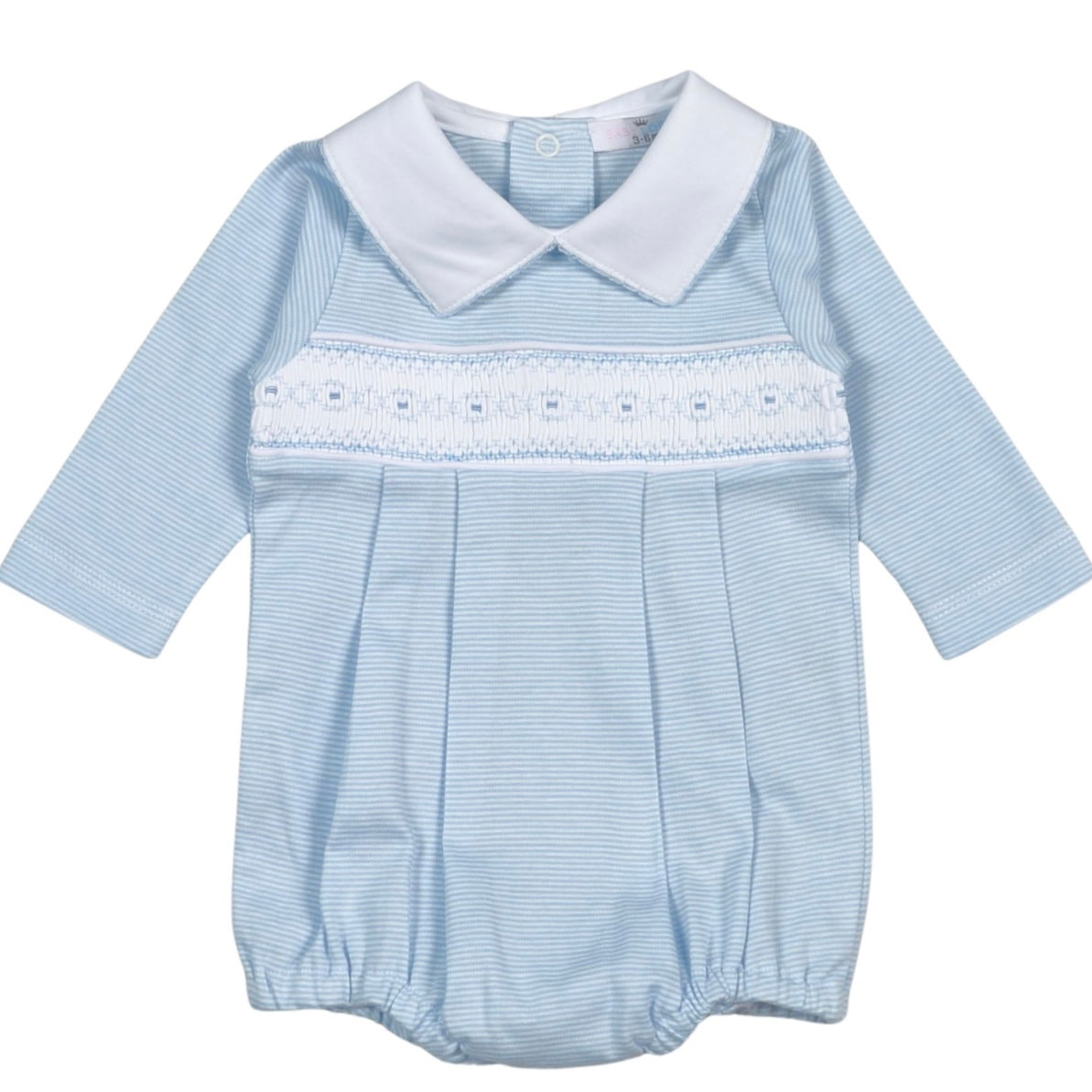 Baby Loren Boys Tim Blue Stripes Hand Smocked Pima Long Sleeve Bubble