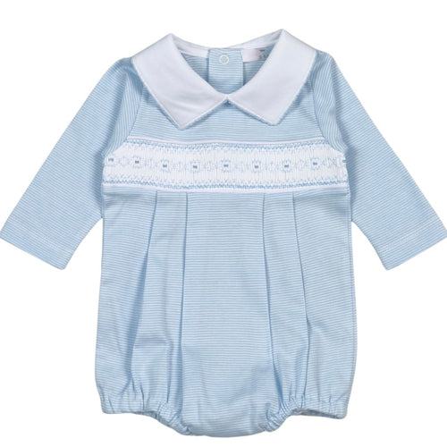 Baby Loren Boys Tim Blue Stripes Hand Smocked Pima Long Sleeve Bubble