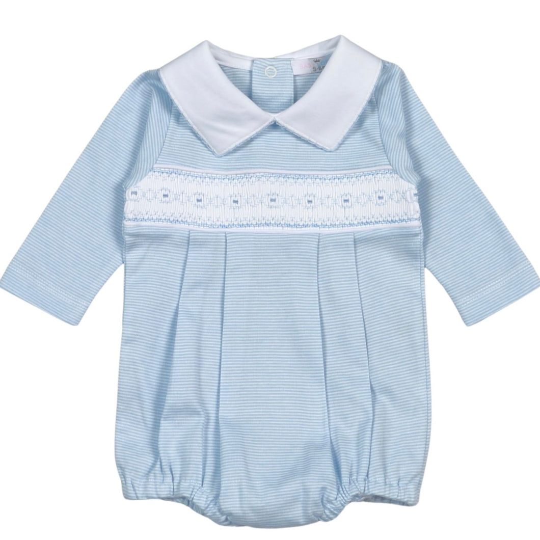 Baby Loren Boys Tim Blue Stripes Hand Smocked Pima Long Sleeve Bubble