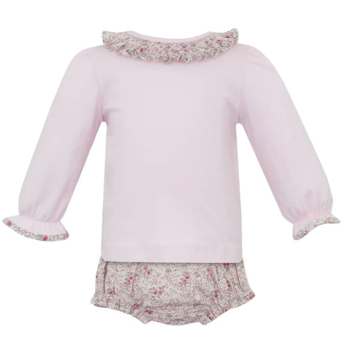 Petit Bebe Girls Rose Pink Floral Print Bloomer Set with Smocked Collar