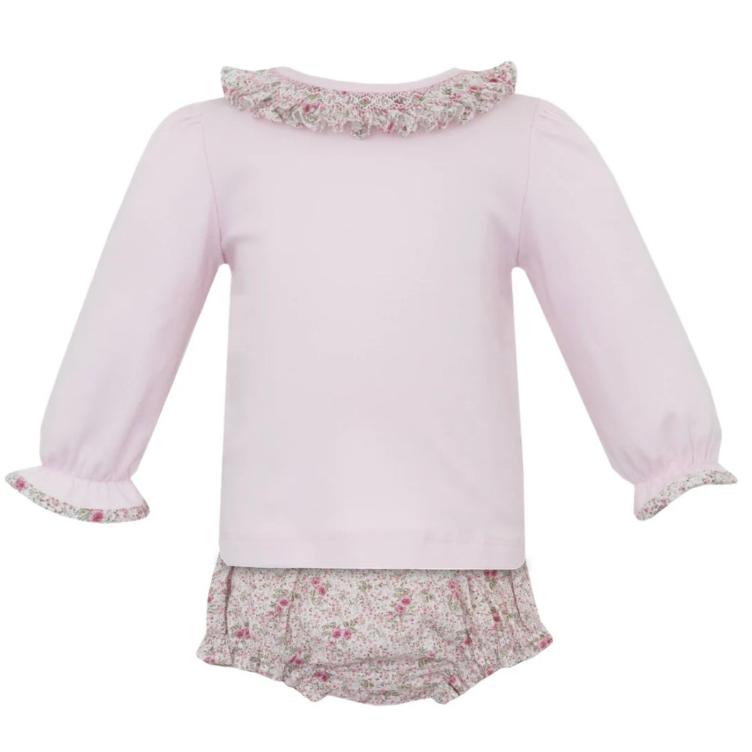 Petit Bebe Girls Rose Pink Floral Print Bloomer Set with Smocked Collar
