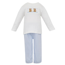 Petit Bebe Boys Blue Knit Banded Pant Set with Puppies Smocking