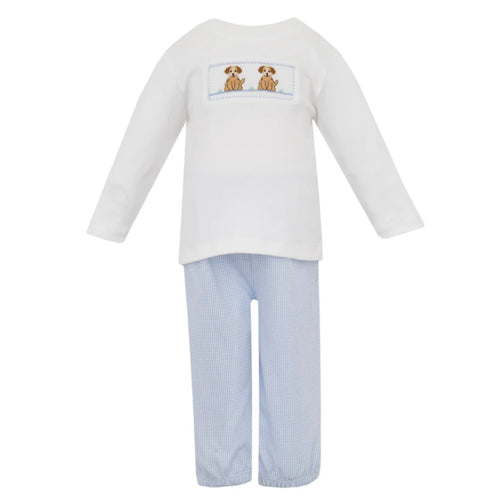 Petit Bebe Boys Blue Knit Banded Pant Set with Puppies Smocking