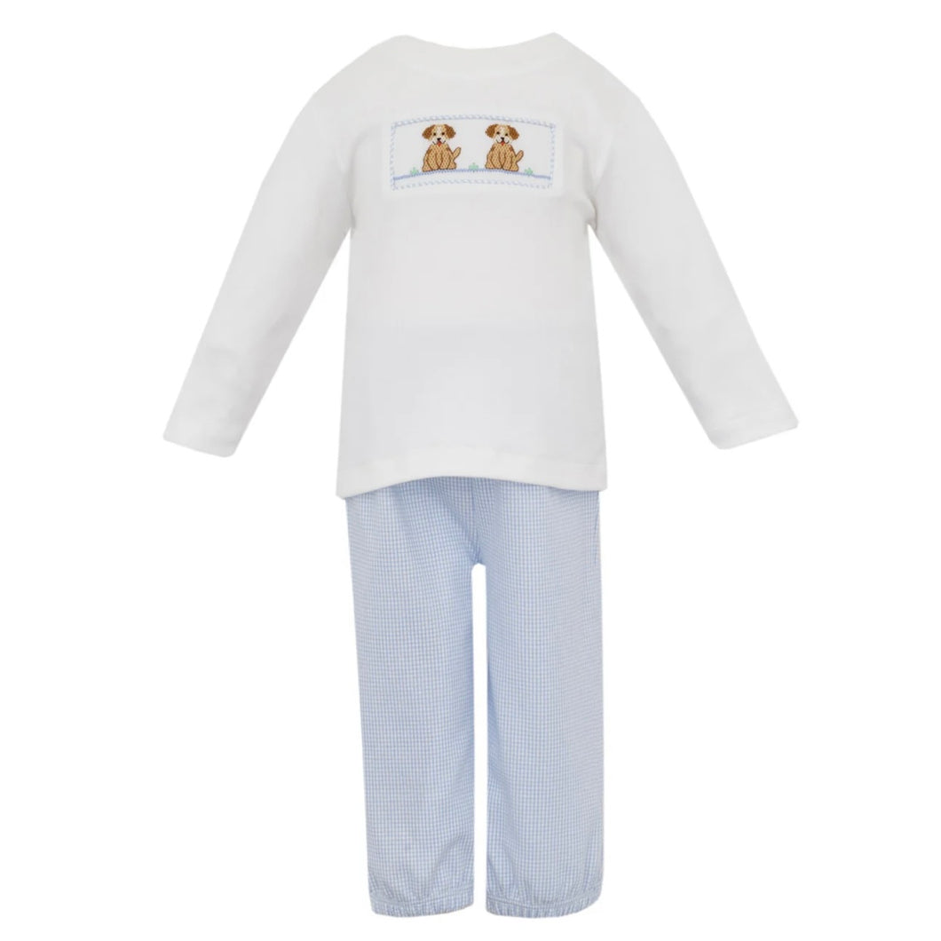 Petit Bebe Boys Blue Knit Banded Pant Set with Puppies Smocking
