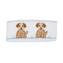 Petit Bebe Boys Blue Knit Banded Pant Set with Puppies Smocking