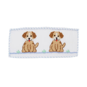 Petit Bebe Boys Blue Knit Banded Pant Set with Puppies Smocking