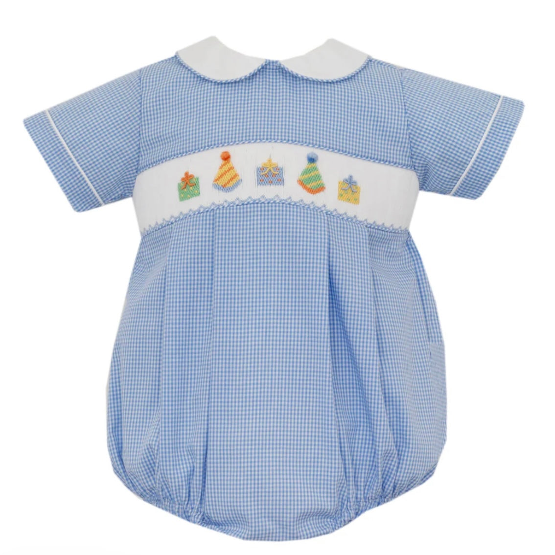 Petit Bebe Birthday Boy Blue Gingham Smocked Bubble