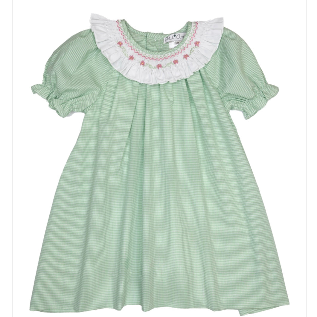 Petit Ami Girls Green Gingham Dress with Smocked Round Collar