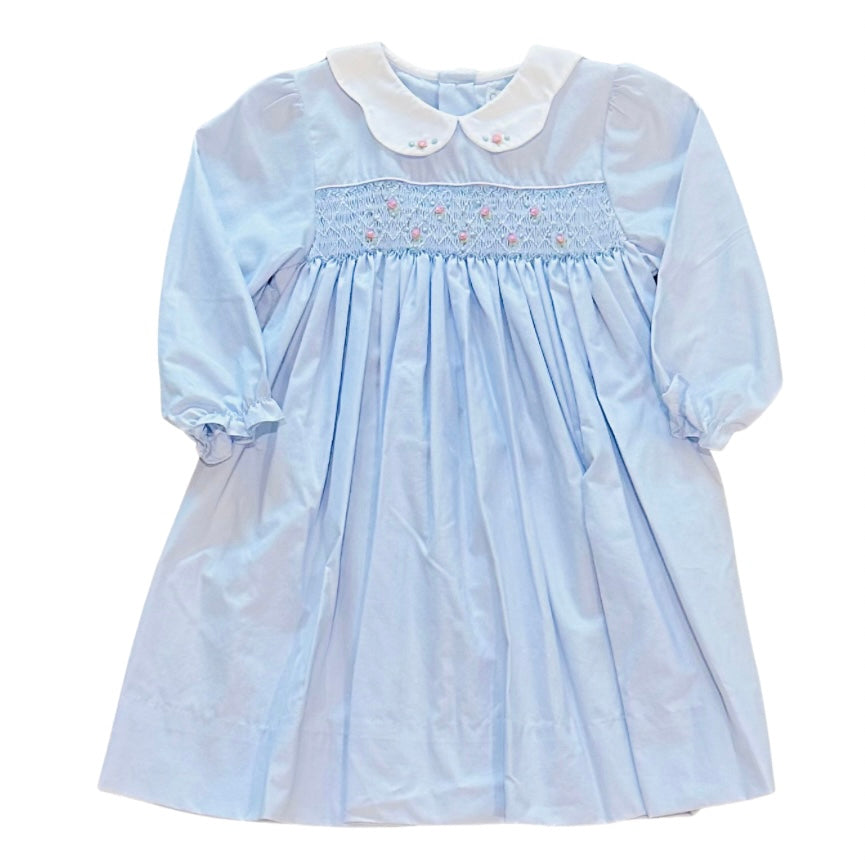 Petit Ami Girls LS Blue Smocked Dress with Scallop Collar