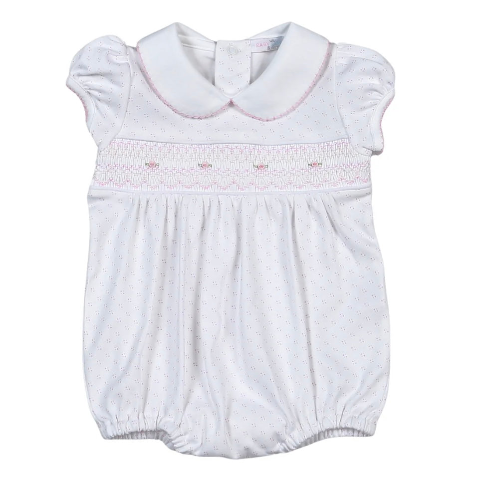 Baby Loren Girls Sally Pink Dots Hand Smocked Pima Short Sleeve Bubble