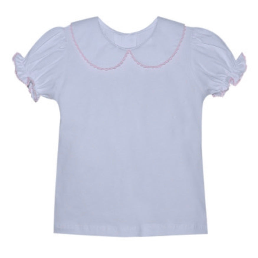 Remember Nguyen Girls White Peter Pan Blouse with Pink Picot Trim