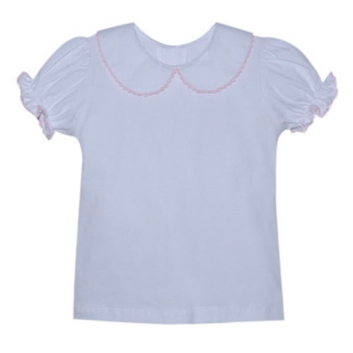 Remember Nguyen Girls White Peter Pan Blouse with Pink Picot Trim