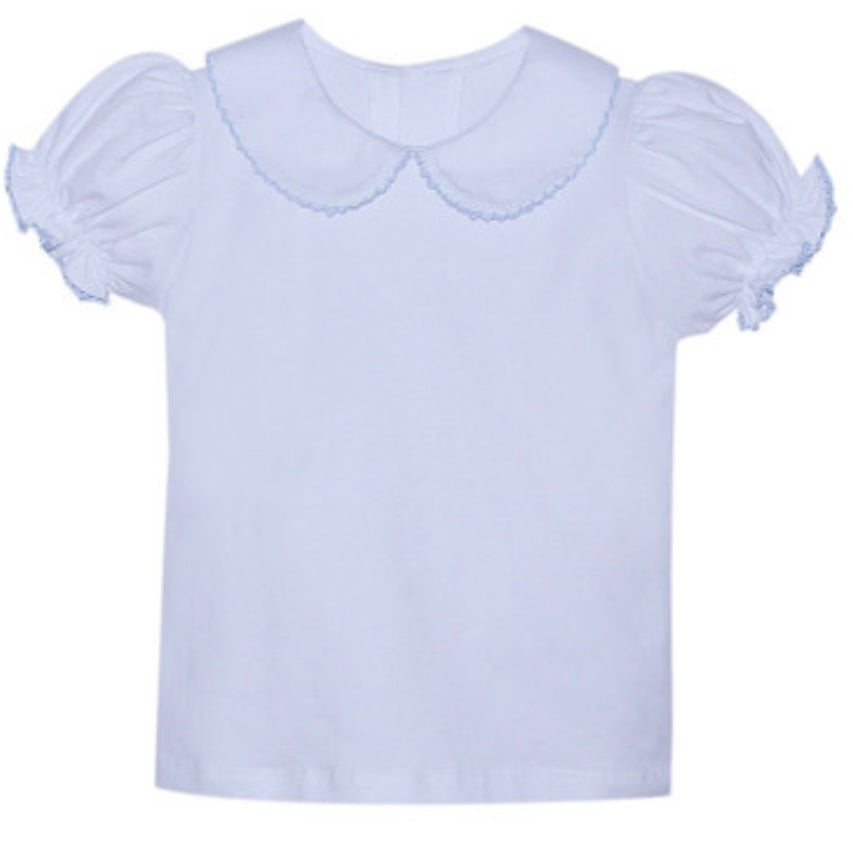 Remember Nguyen Girls White Peter Pan Collar Blouse with Blue Picot Trim