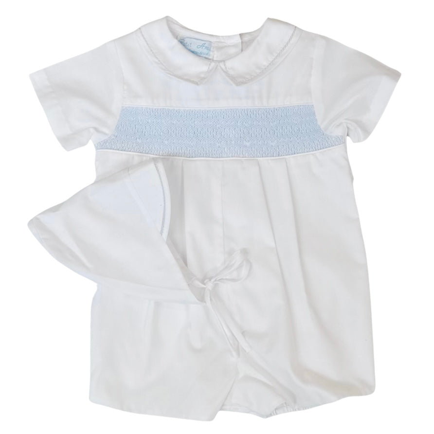 Petit Ami Boys White Romper with Blue Smocking