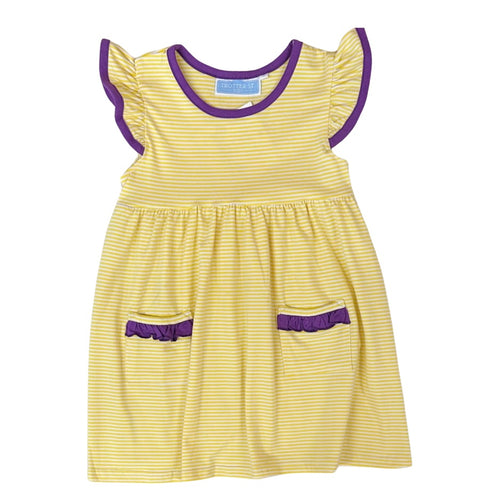 Trotter Street Girls Yellow and White Striped Dress with Purple Piped Flutter Sleeve