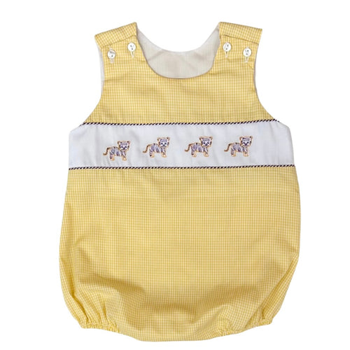 LuLu Bebe Boys Yellow Gingham Bubble with Tiger Embroidery
