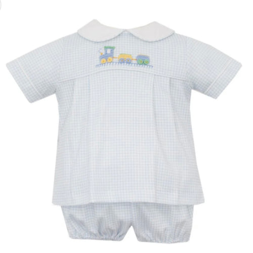 Petit Bebe Boys Blue Gingham Diaper Set with Train Embroidery