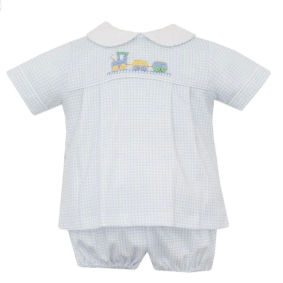 Petit Bebe Boys Blue Gingham Diaper Set with Train Embroidery