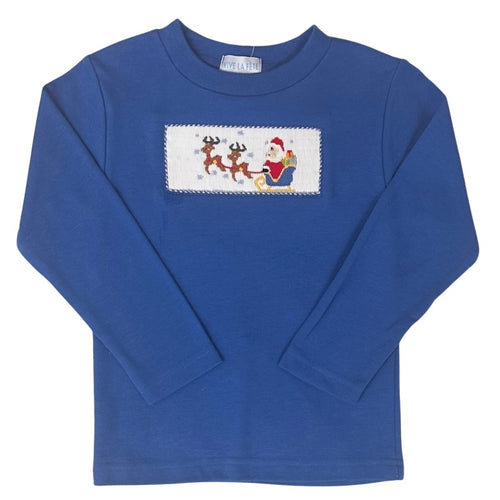 Vive La Fete Boys Royal Blue Long Sleeve Smocked Santa Sleigh Shirt