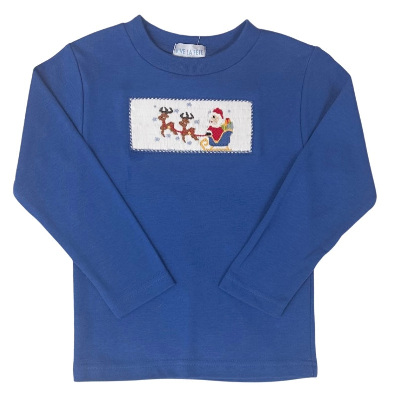 Vive La Fete Boys Royal Blue Long Sleeve Smocked Santa Sleigh Shirt