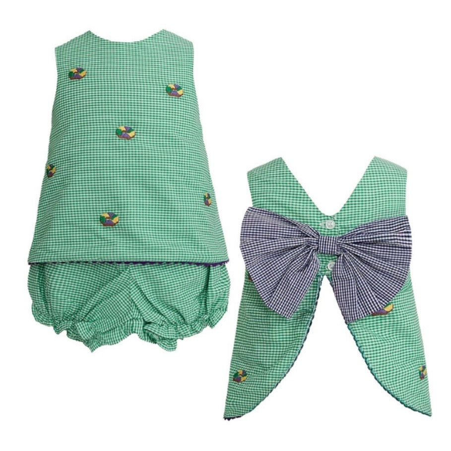 Krewe Girls Rachel Embroidered King Cake Gingham Bloomer Set