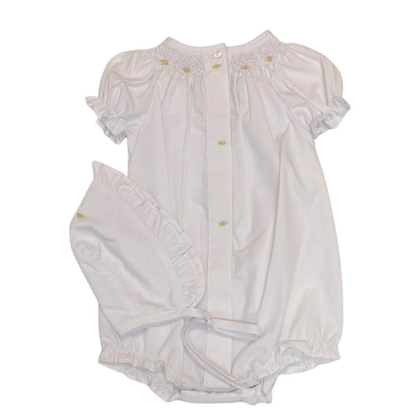 Rosalina Girls White Smocked Bubble with Matching Bonnet
