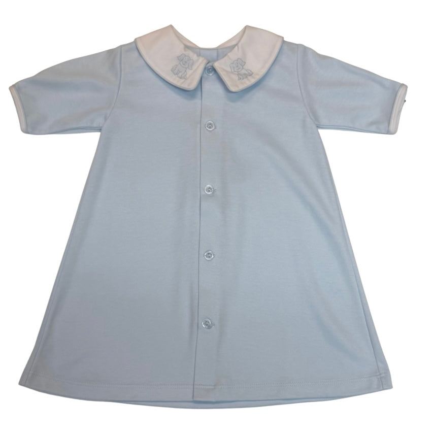 Auraluz Boys Blue Pima Day Gown with Puppy Shadow Stitch Collar