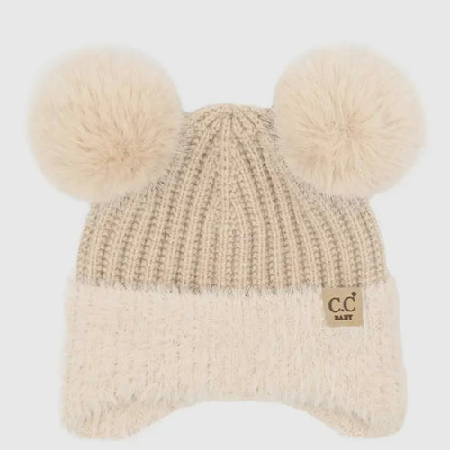 C.C. Baby Fur Earflap Pompom Beanie-Available in Pink, Ivory, Beige