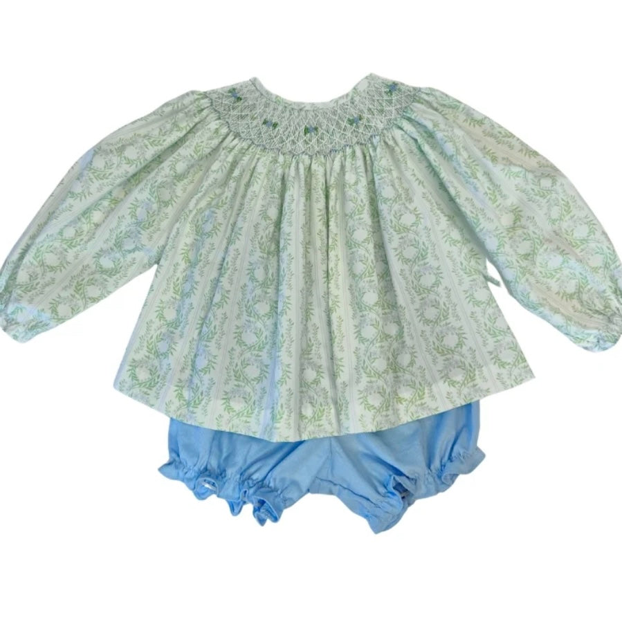 Krewe Girls Green Floral Bishop Smocked Bloomer Set