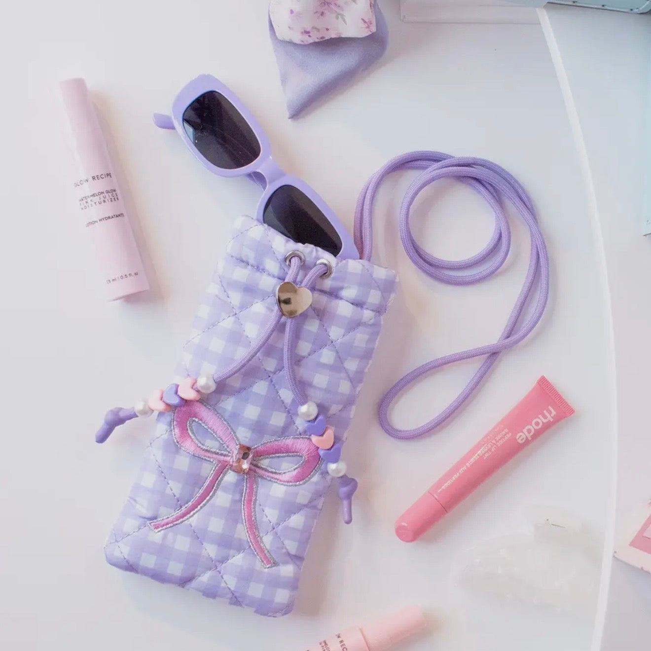 OMG Bow Gingham Printed Drawstring Case and Sunglasses