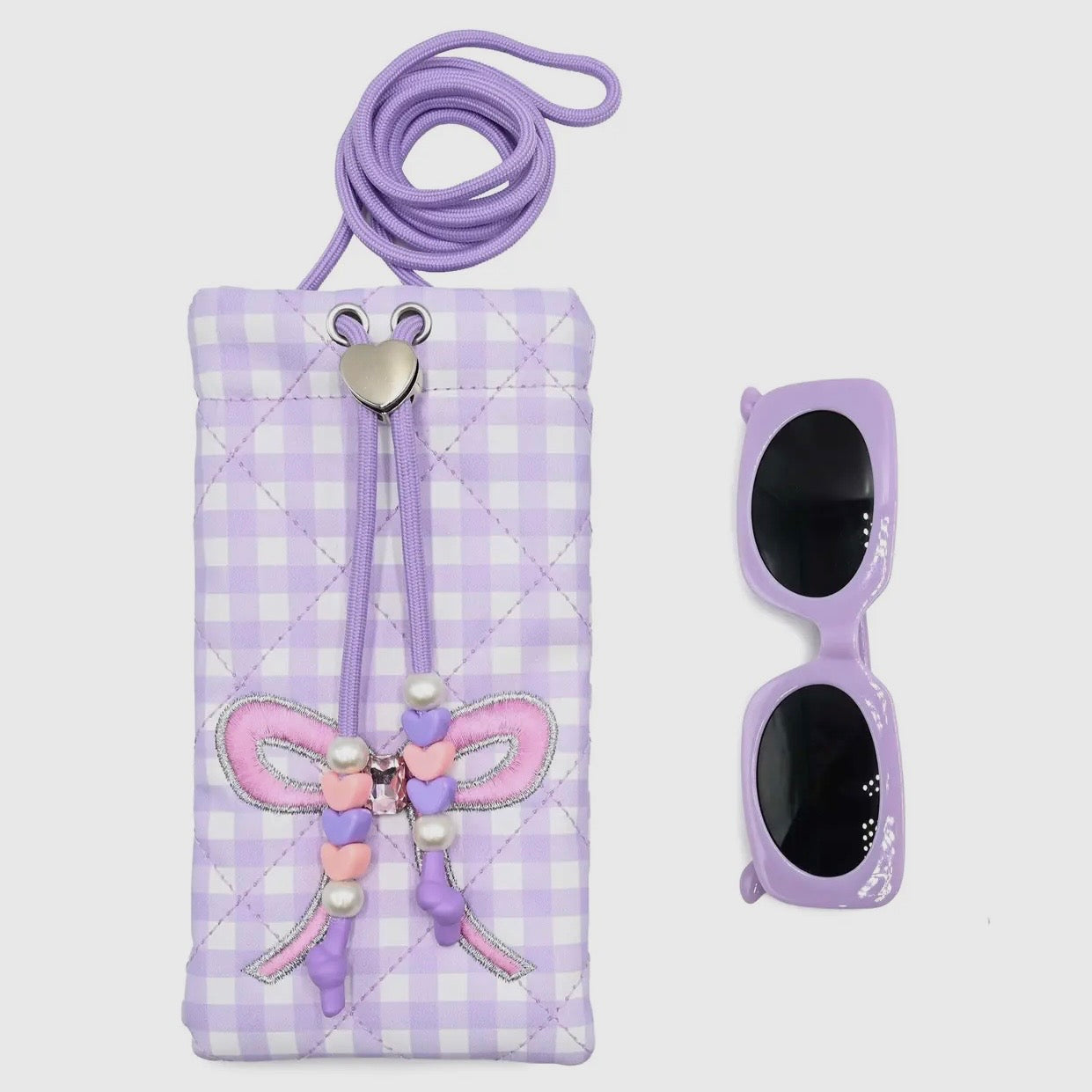 OMG Bow Gingham Printed Drawstring Case and Sunglasses