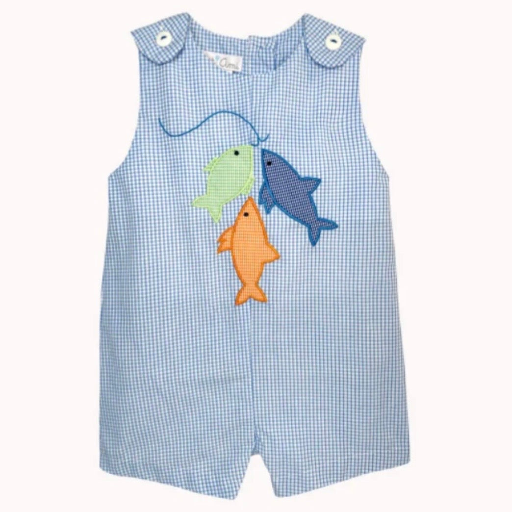 Petit Ami Boys Blue Gingham Jon Jon with Gingham Fish Applique