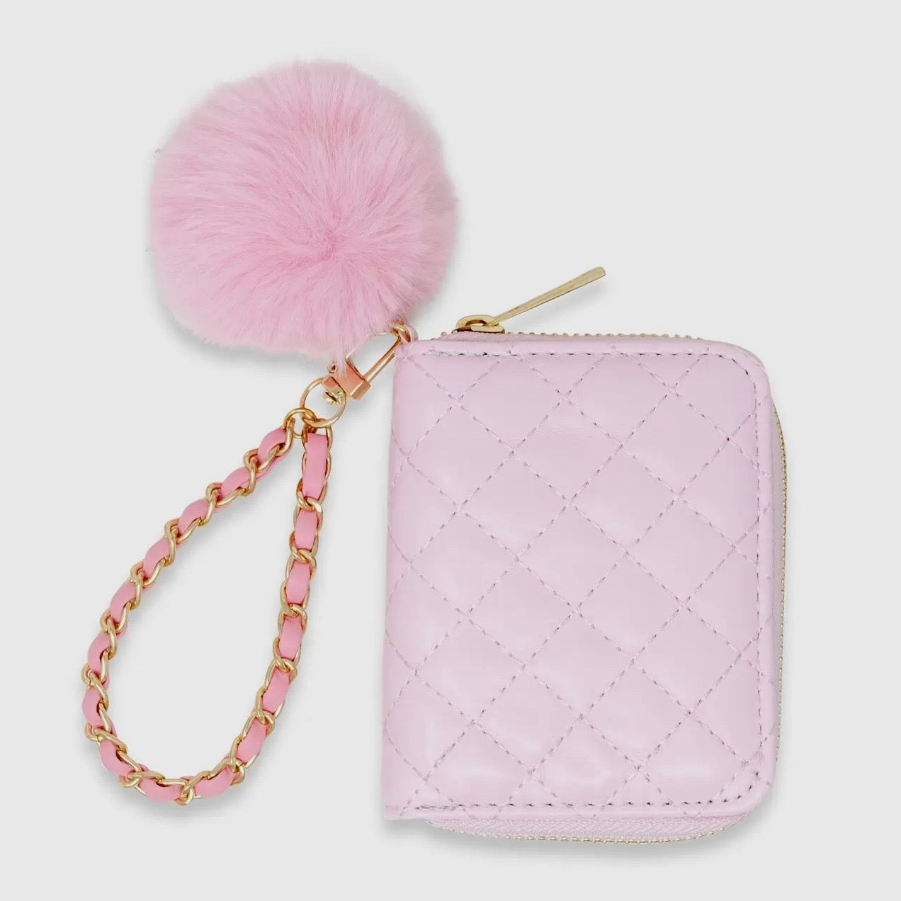 Tiny Treats Girls Quilted Chain Strap Wallet with Pom Pom-Pink