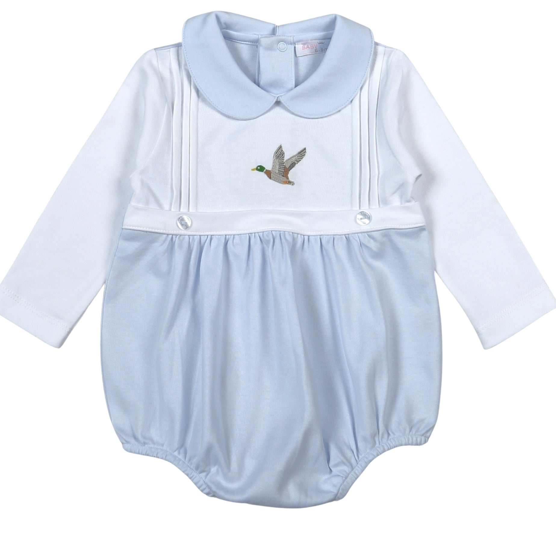 Baby Loren Boys Blue Mallard Ducks Hand Embroidered Bubble