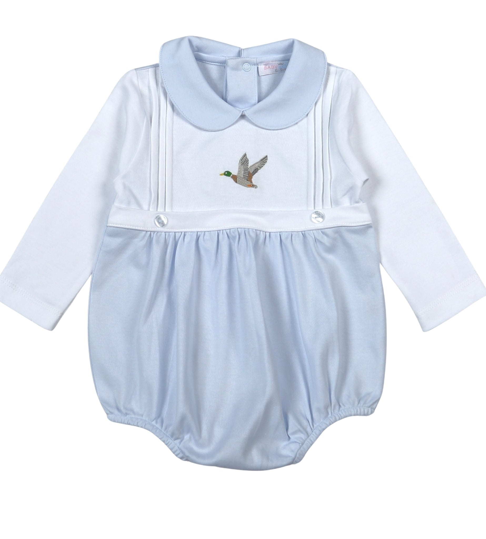 Baby Loren Boys Blue Mallard Ducks Hand Embroidered Bubble