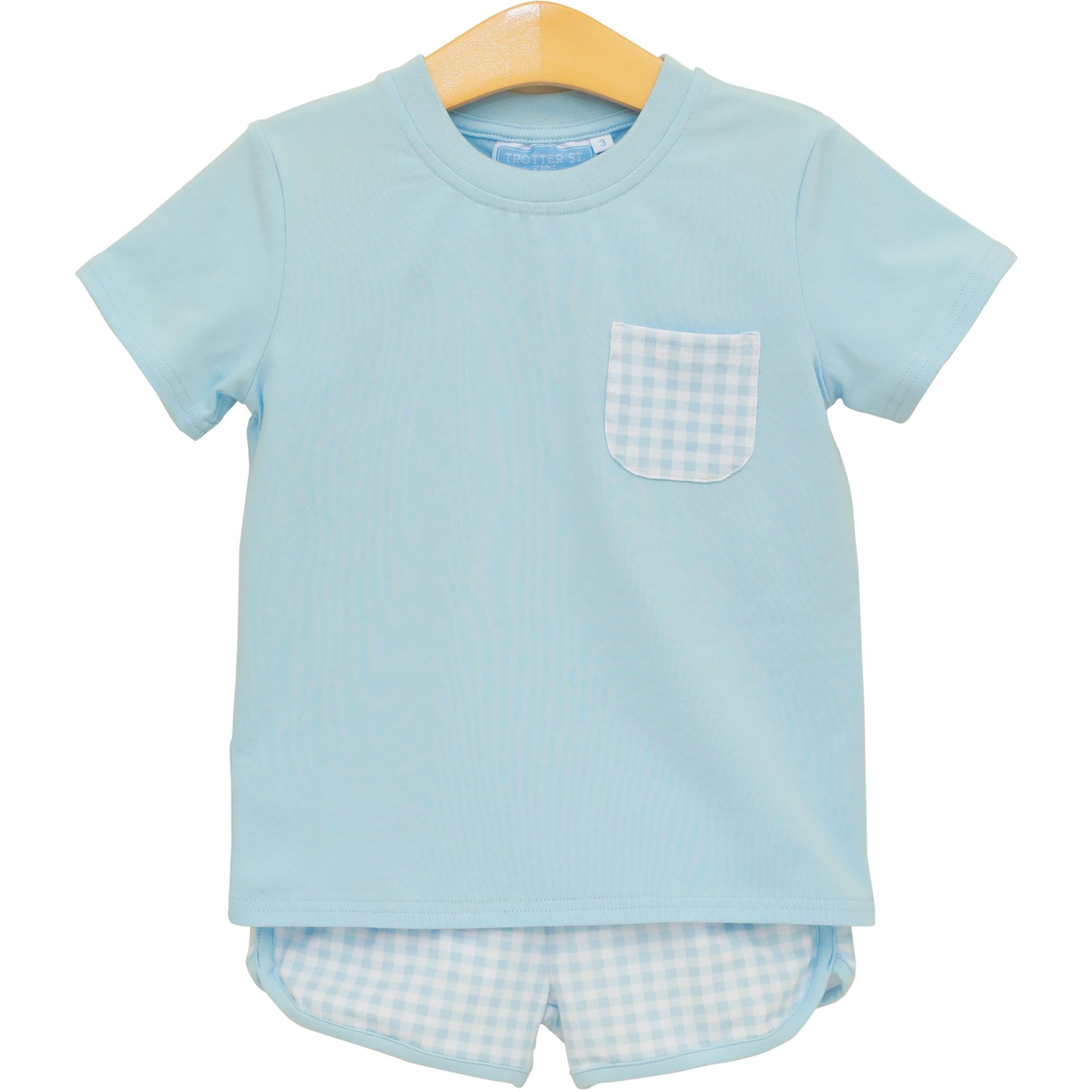 Trotter Street Boys Madden Short Set-Light Blue Gingham