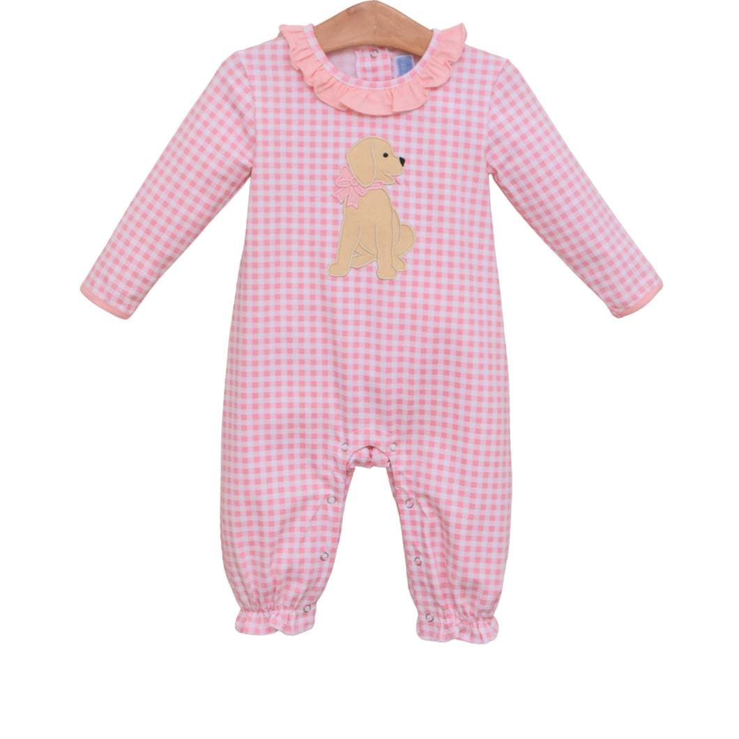 Trotter Street Girls Pink Check Puppy Applique Romper