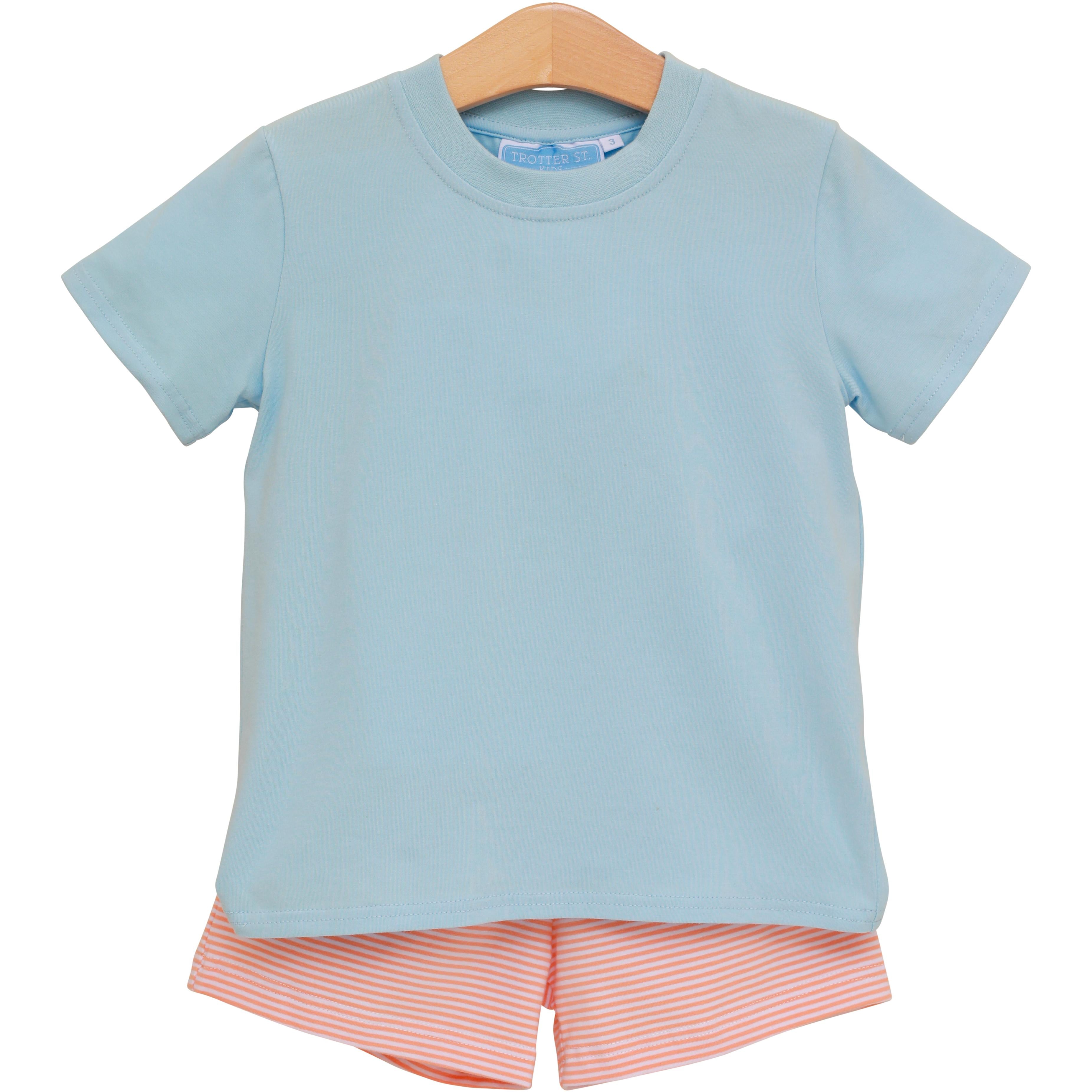 Trotter Street Boys Shepherd Short Set-Coral Stripe/Light Blue