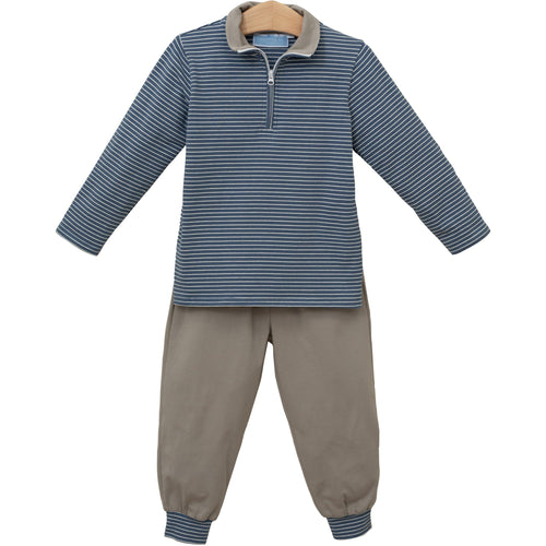 Trotter Street Boys Blue Stripe/Beige Tucker Pullover Set