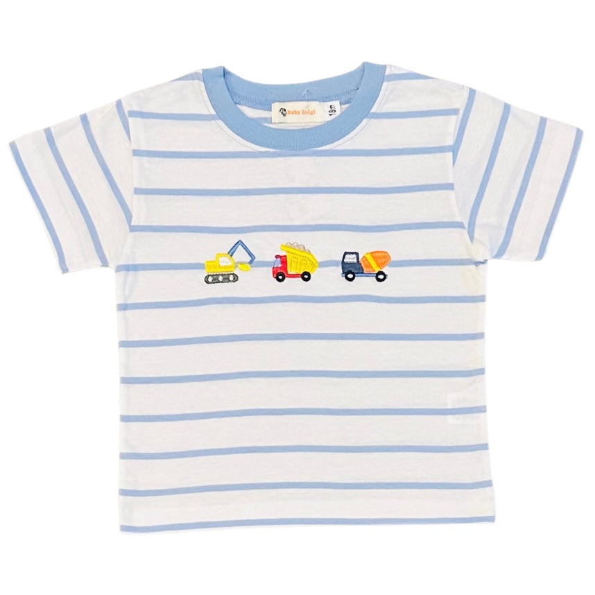 Luigi Boys SS Stripe Shirt with Construction Vehicle Embroidery