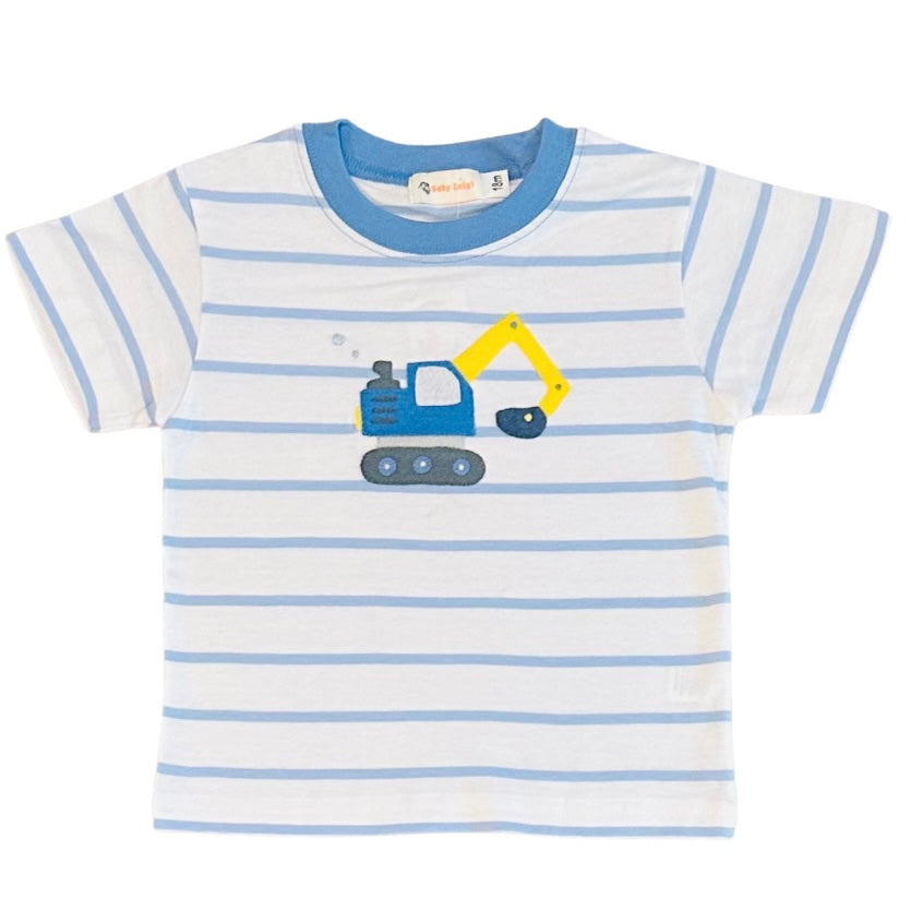 Luigi Boys Short Sleeve Stripe Shirt with Backhoe Applique