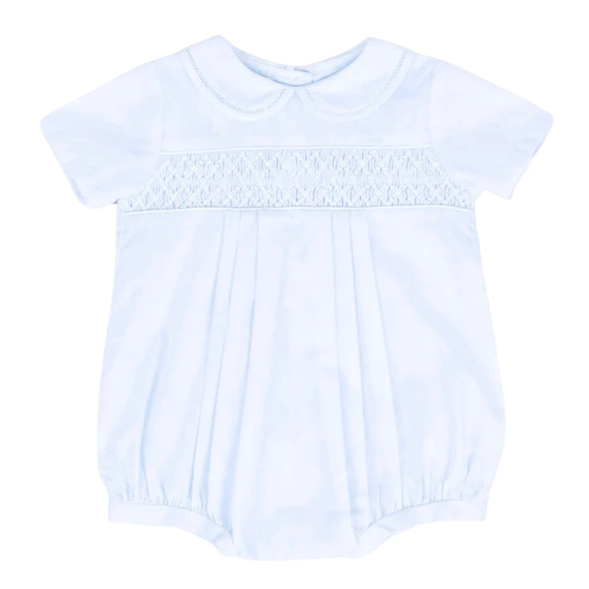 Petit Ami Boys Light Blue Diamond Smocked Bubble with Matching Bonnet