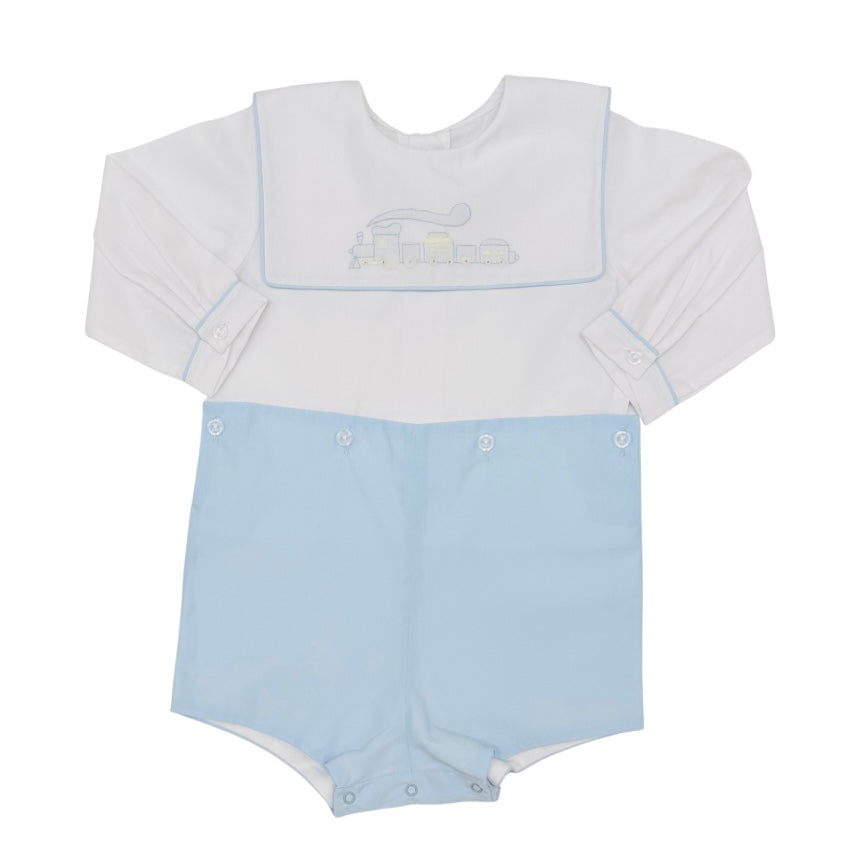 Auraluz Boys LS Button On with Blue Train Shadow Stitch Embroidery