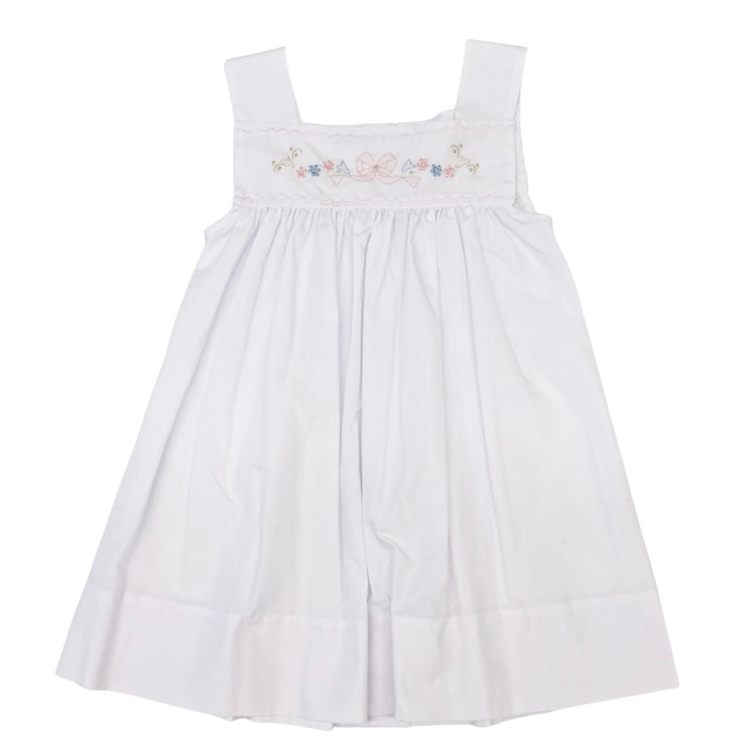 Auraluz Girls White Sun Dress with Bow Shadow Stitch Embroidery
